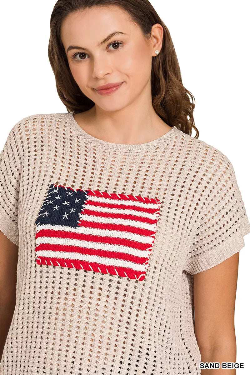 Zenana Viscose American Flag Openwork Knit Top - Trendsi - Flyclothing LLC