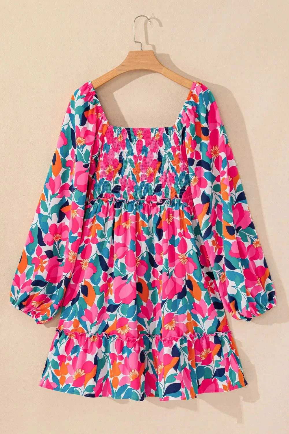 Plus Size Smocked Floral Square Neck Balloon Sleeve Dress - Trendsi - Flyclothing LLC