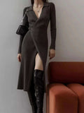 Tied Collared Neck Long Sleeve Sweater Dress - Trendsi - Flyclothing LLC