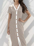 Contrast Striped V-Neck Short Sleeve Midi Dress - Trendsi - Flyclothing LLC