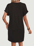 Quarter Button V-Neck Short Sleeve Dress - Trendsi - Flyclothing LLC