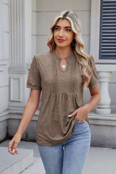 Notched Short Sleeve Top - Trendsi - Flyclothing LLC