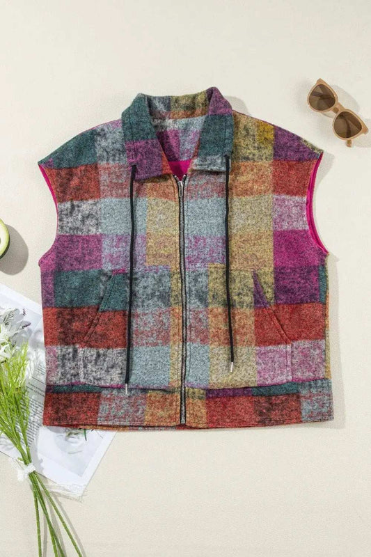 Plaid Zip Up Collared Neck Vest Coat - Trendsi - Flyclothing LLC