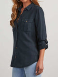 Collared Neck Roll-Tab Sleeve Denim Top - Trendsi - Flyclothing LLC