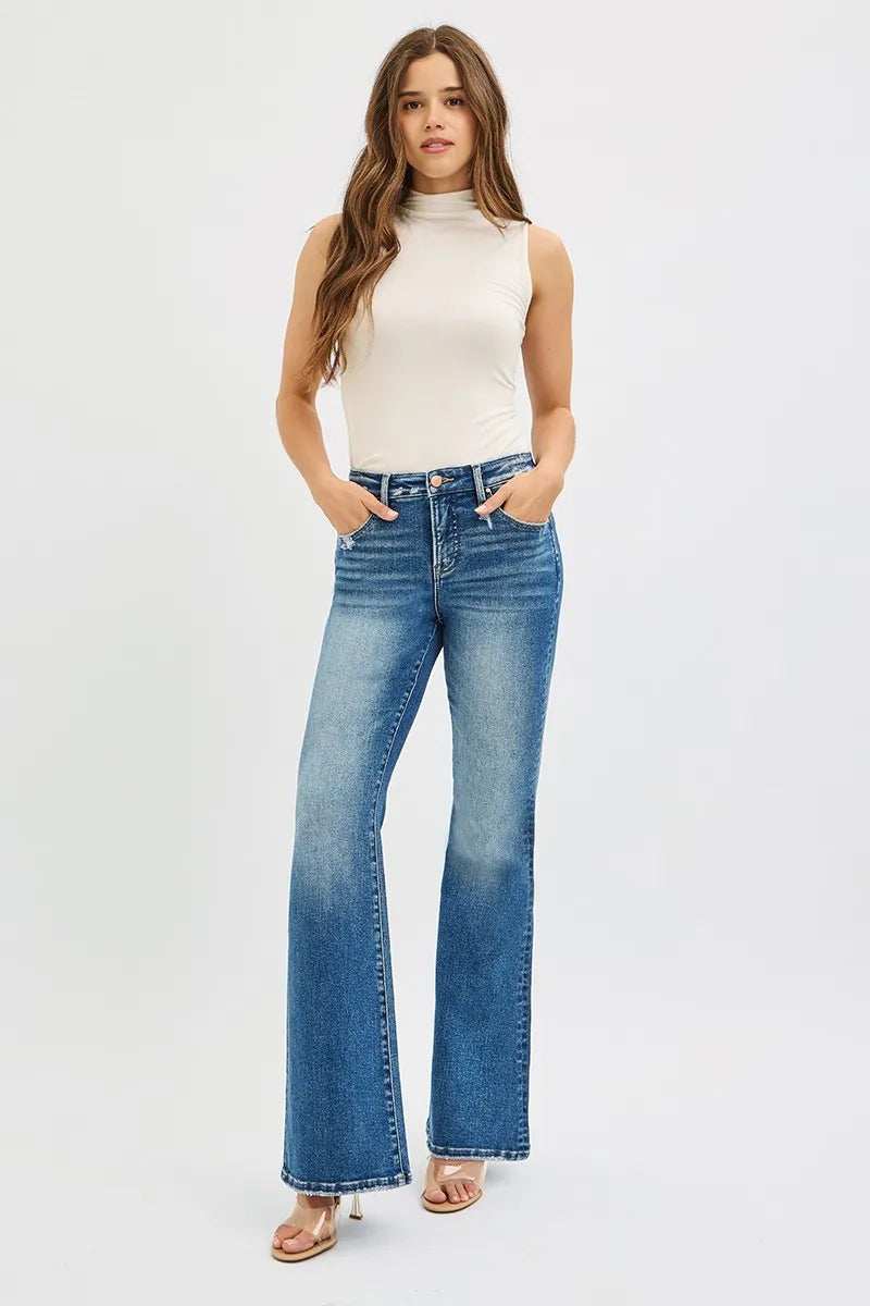 RISEN Full Size Tummy Control High Rise Flare Jeans Plus Size - Trendsi - Flyclothing LLC