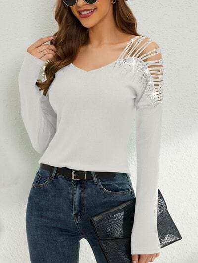 Rhinestone Cutout Long Sleeve T-Shirt - Trendsi - Flyclothing LLC