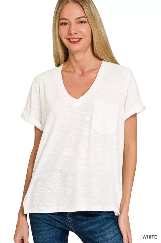 Zenana Slub Rolled Short Sleeve V-Neck Tee - Trendsi - Flyclothing LLC