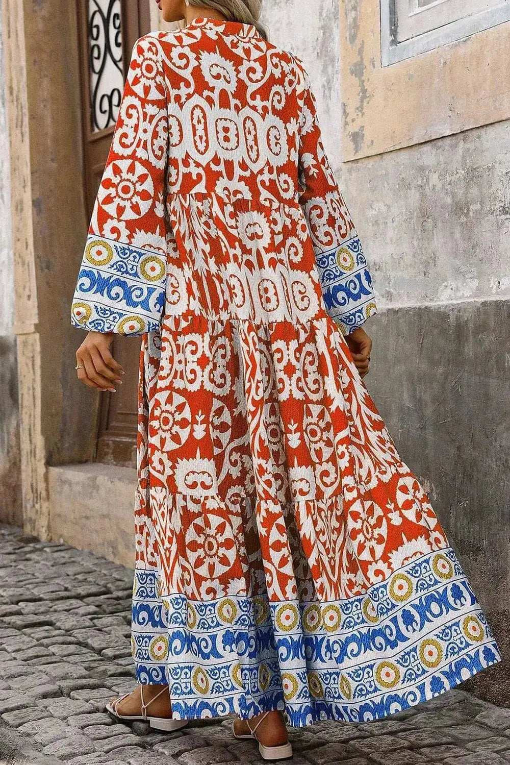 Printed Notched Long Sleeve Maxi Dress - Trendsi - Flyclothing LLC