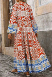 Printed Notched Long Sleeve Maxi Dress - Trendsi - Flyclothing LLC