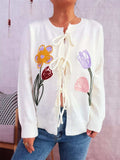 Floral Ribbed Hem Tie Front Cardigan - Trendsi - Flyclothing LLC