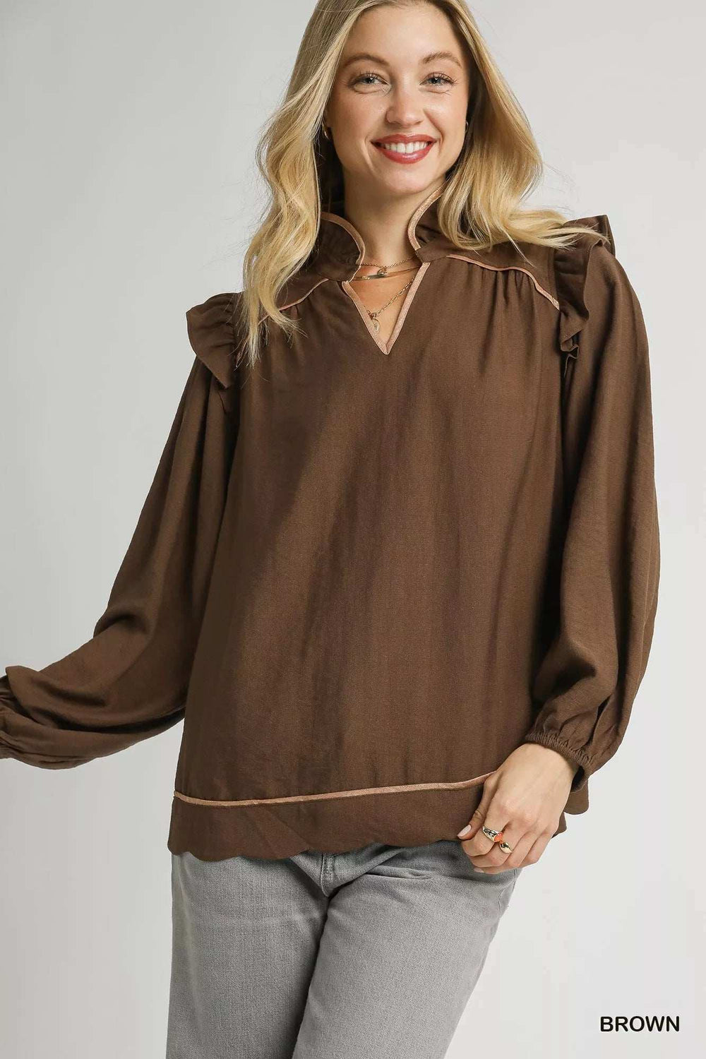 Umgee Ruffle Shoulder Long Sleeve Blouse - Trendsi - Flyclothing LLC