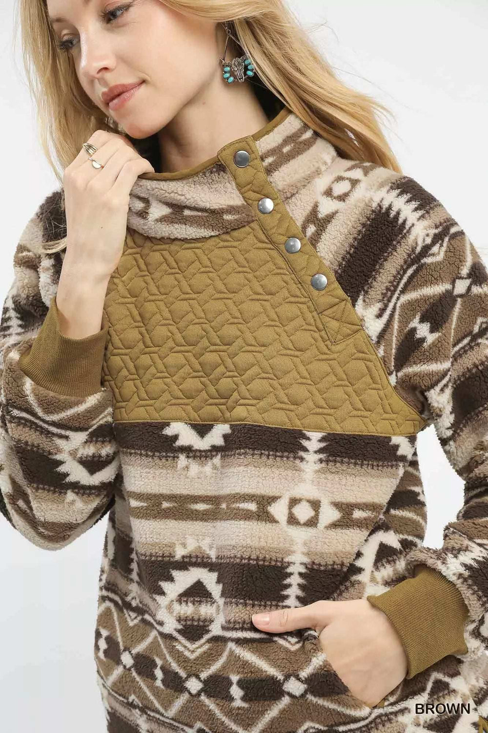 Umgee Aztec Print Sherpa Pullover - Trendsi - Flyclothing LLC
