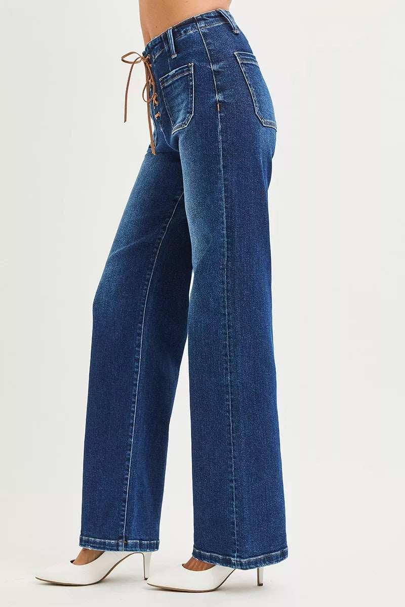 RISEN Full Size High Rise Wide Leg Jeans with Front Tie Detail Plus Size - Trendsi - Flyclothing LLC