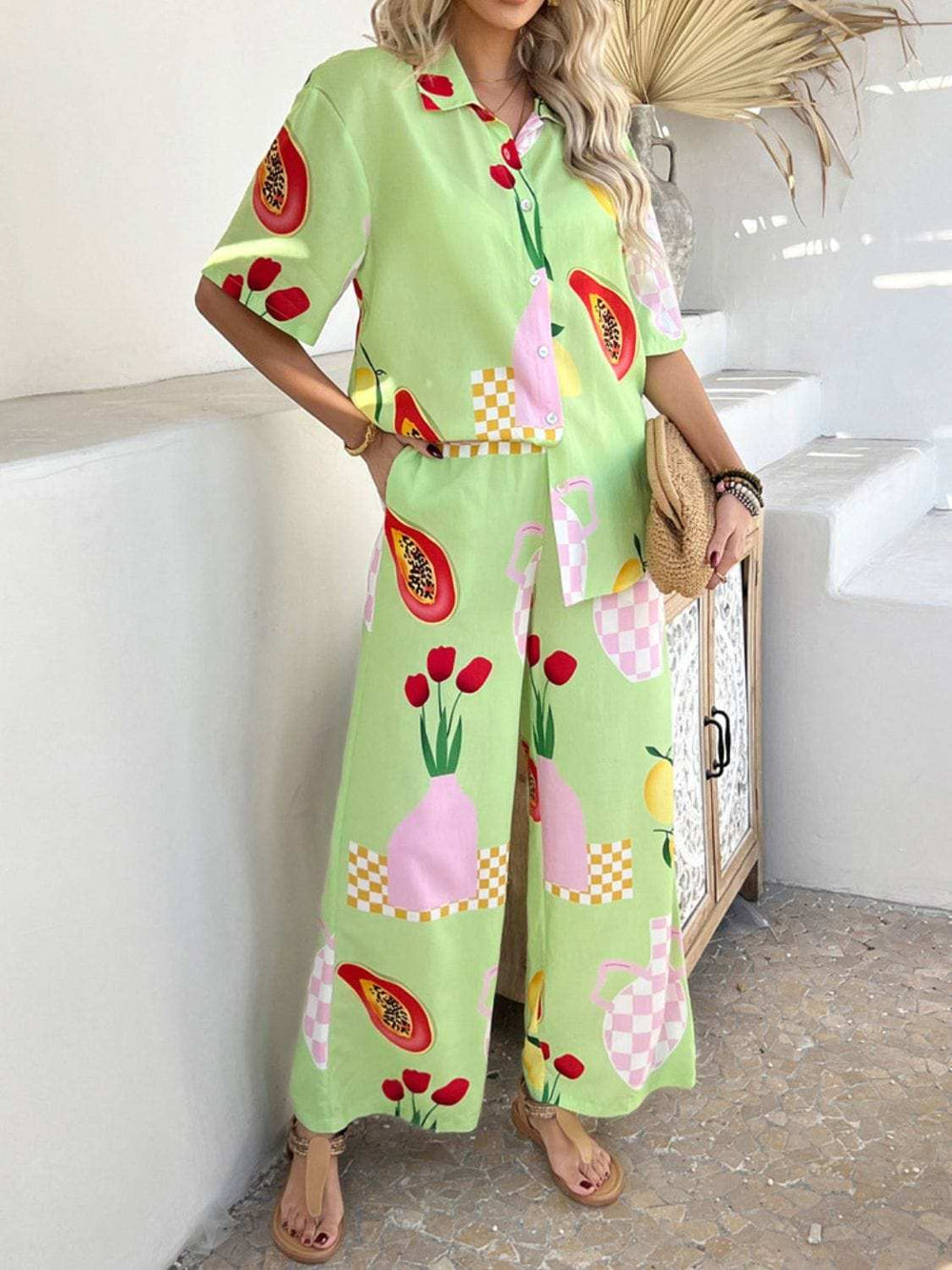 Devine Printed Collared Neck Half Sleeve Top and Pants Set - Trendsi - Flyclothing LLC