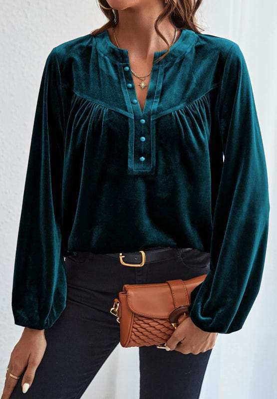 Notched Long Sleeve Velvet Top - Trendsi - Flyclothing LLC