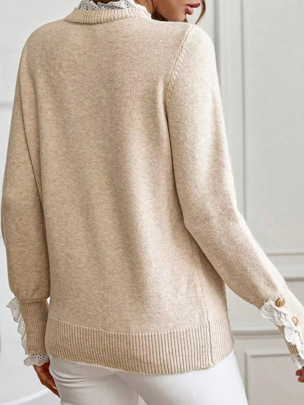 Lace Trim Button Cuff Long Sleeve Sweater - Trendsi - Flyclothing LLC