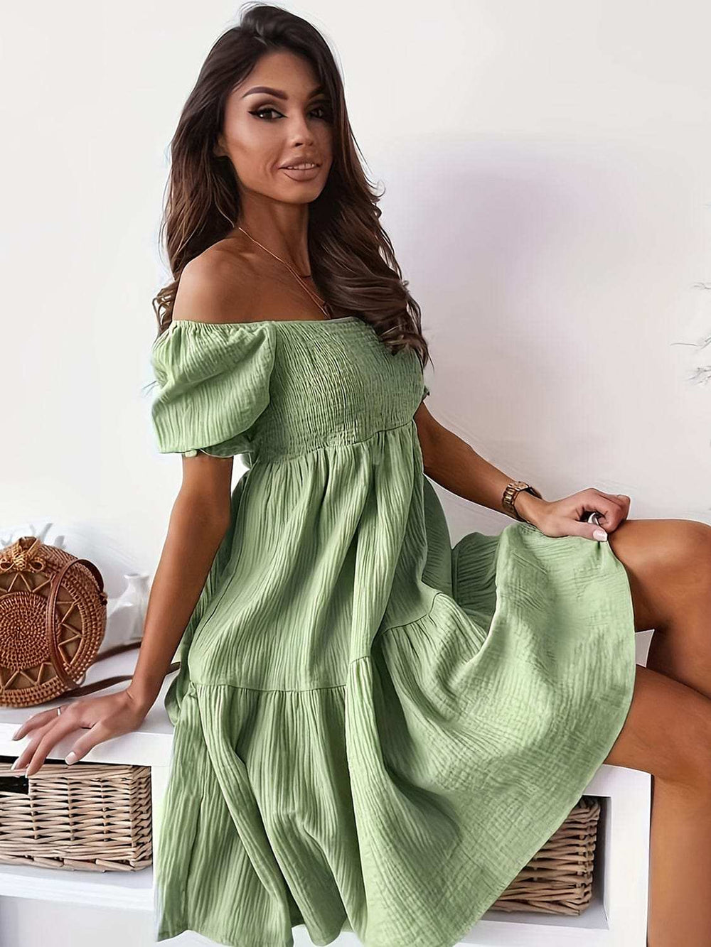 Full Size Ruffled Off-Shoulder Short Sleeve Dress - Trendsi - Flyclothing LLC