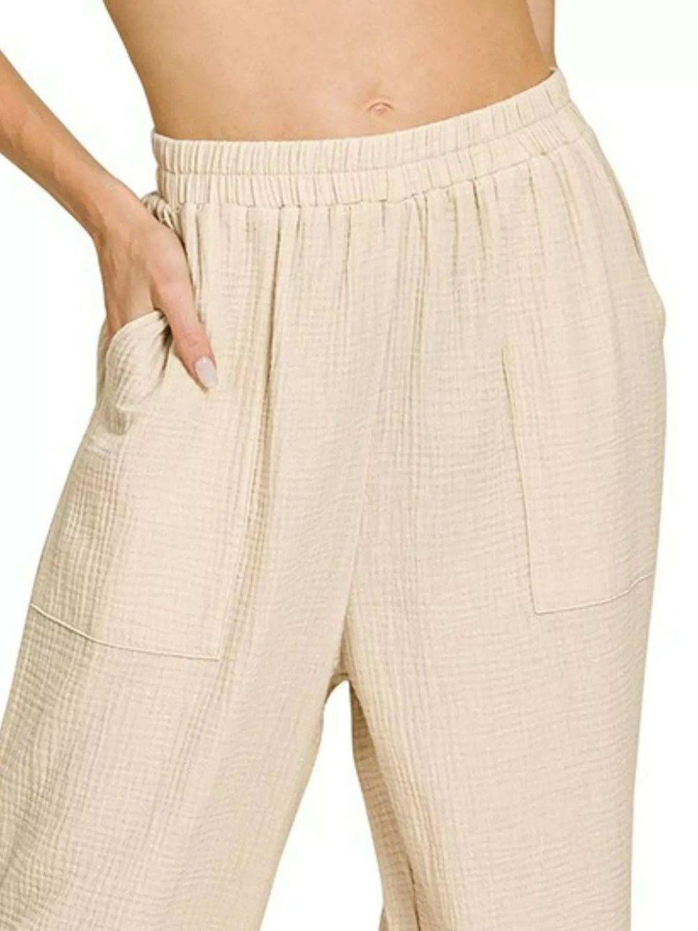 Zenana Double Gauze Elastic Band Pants - Trendsi - Flyclothing LLC