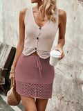 Button Up Sleeveless Top and Drawstring Skirt Set - Trendsi - Flyclothing LLC