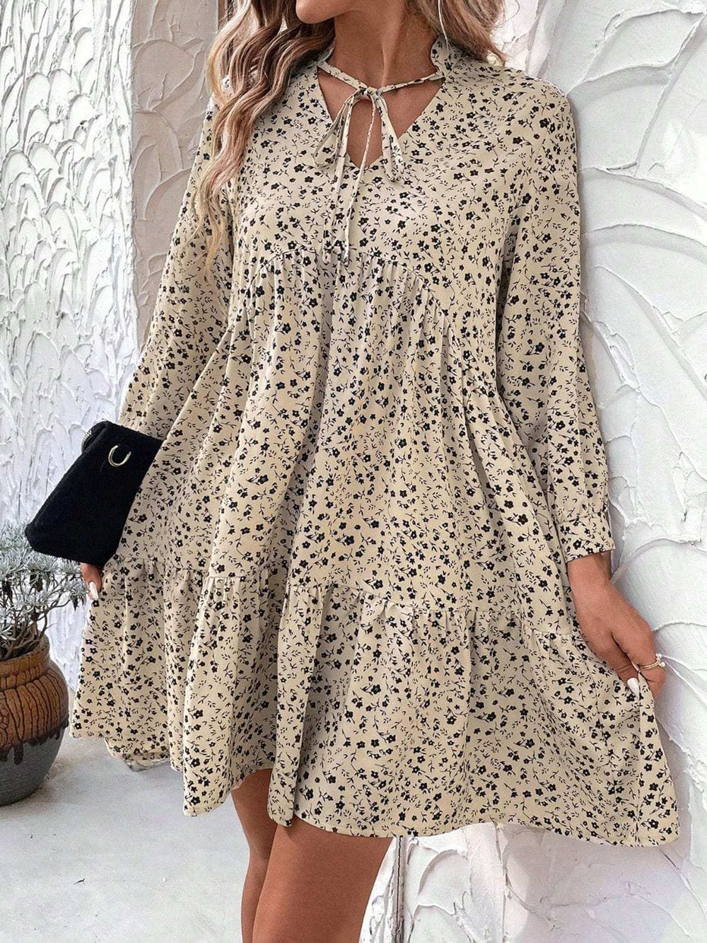 Tied Printed Long Sleeve Mini Dress - Trendsi - Flyclothing LLC