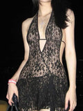 Backless Lace Halter Neck Mini Dress - Trendsi - Flyclothing LLC