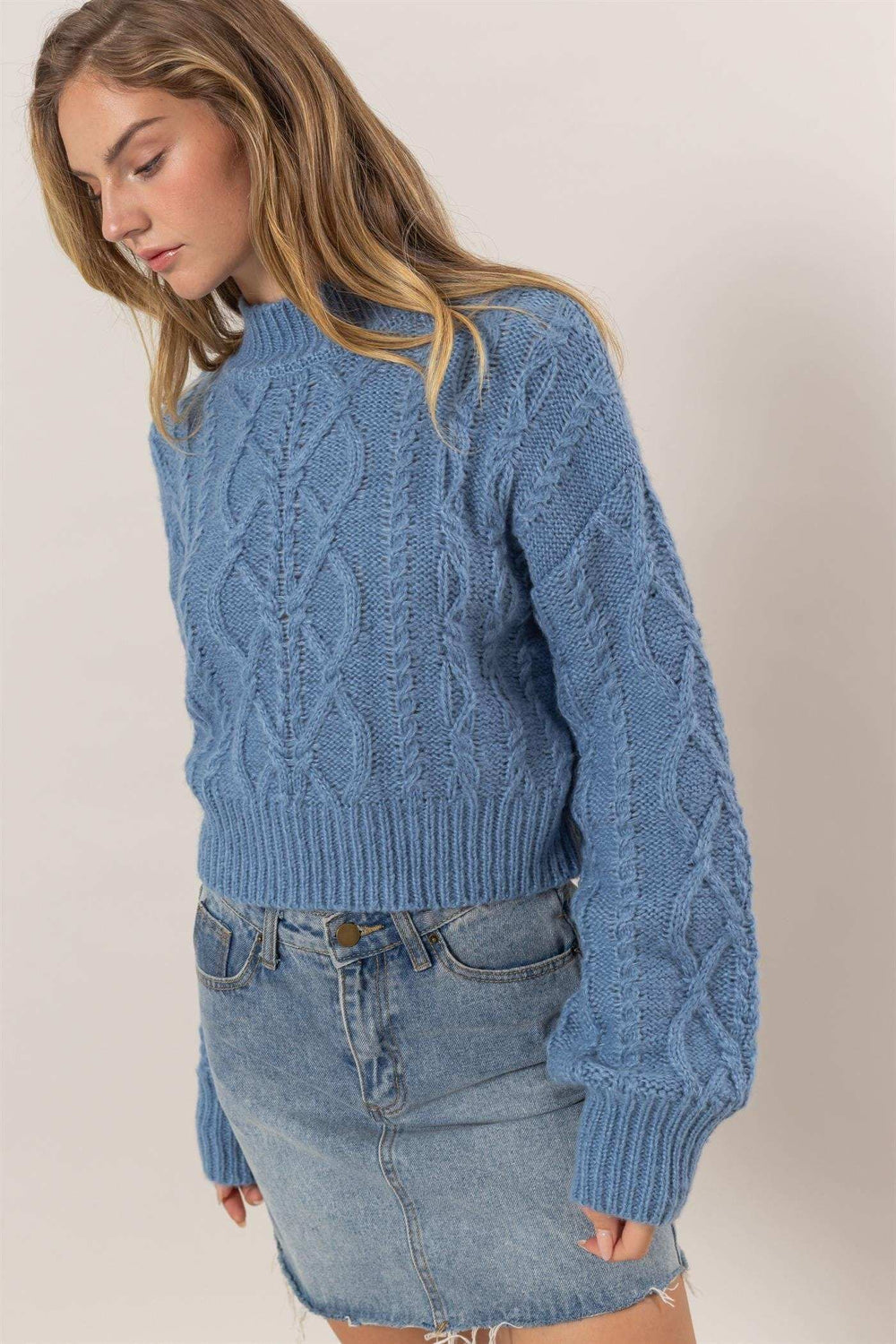 HYFVE Cable-Knit Mock Neck Dropped Shoulder Sweater - Trendsi - Flyclothing LLC