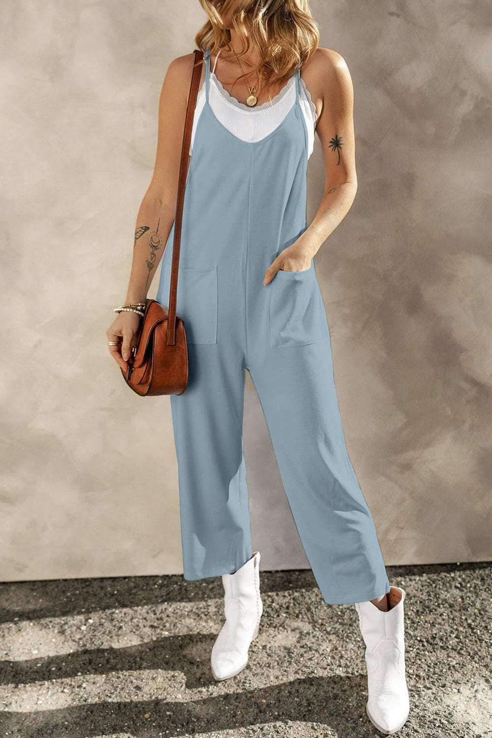 Pocketed Spaghetti Strap Wide Leg Jumpsuit - Trendsi - Flyclothing LLC