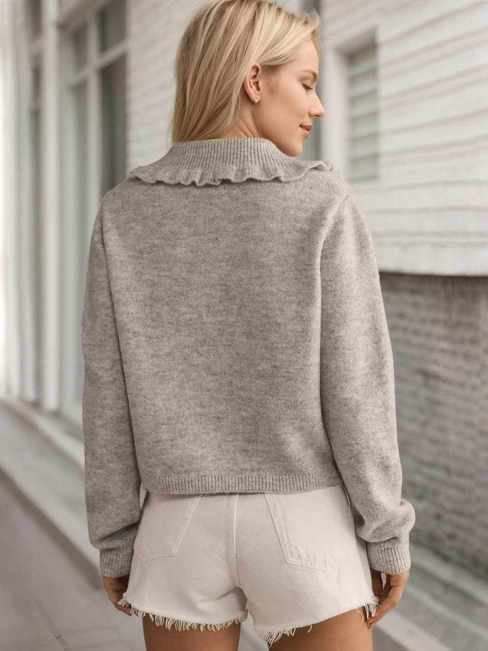 Frill Button Up Collared Neck Long Sleeve Cardigan - Trendsi - Flyclothing LLC