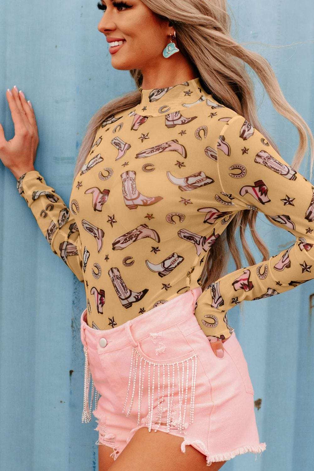 Printed Mock Neck Long Sleeve Bodysuit - Trendsi - Flyclothing LLC