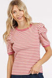 Mittoshop Striped Round Neck Puff Sleeve T-Shirt - Trendsi - Flyclothing LLC
