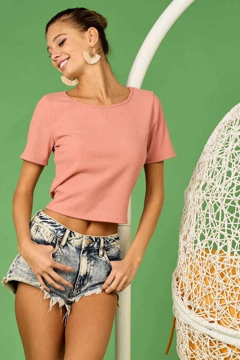 BiBi Rib Knit with Back Cross and Tied Detailed Top - Trendsi - Flyclothing LLC