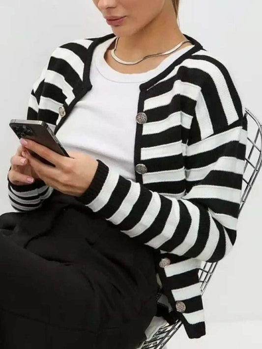 Striped Dropped Shoulder Long Sleeve Cardigan - Trendsi - Flyclothing LLC