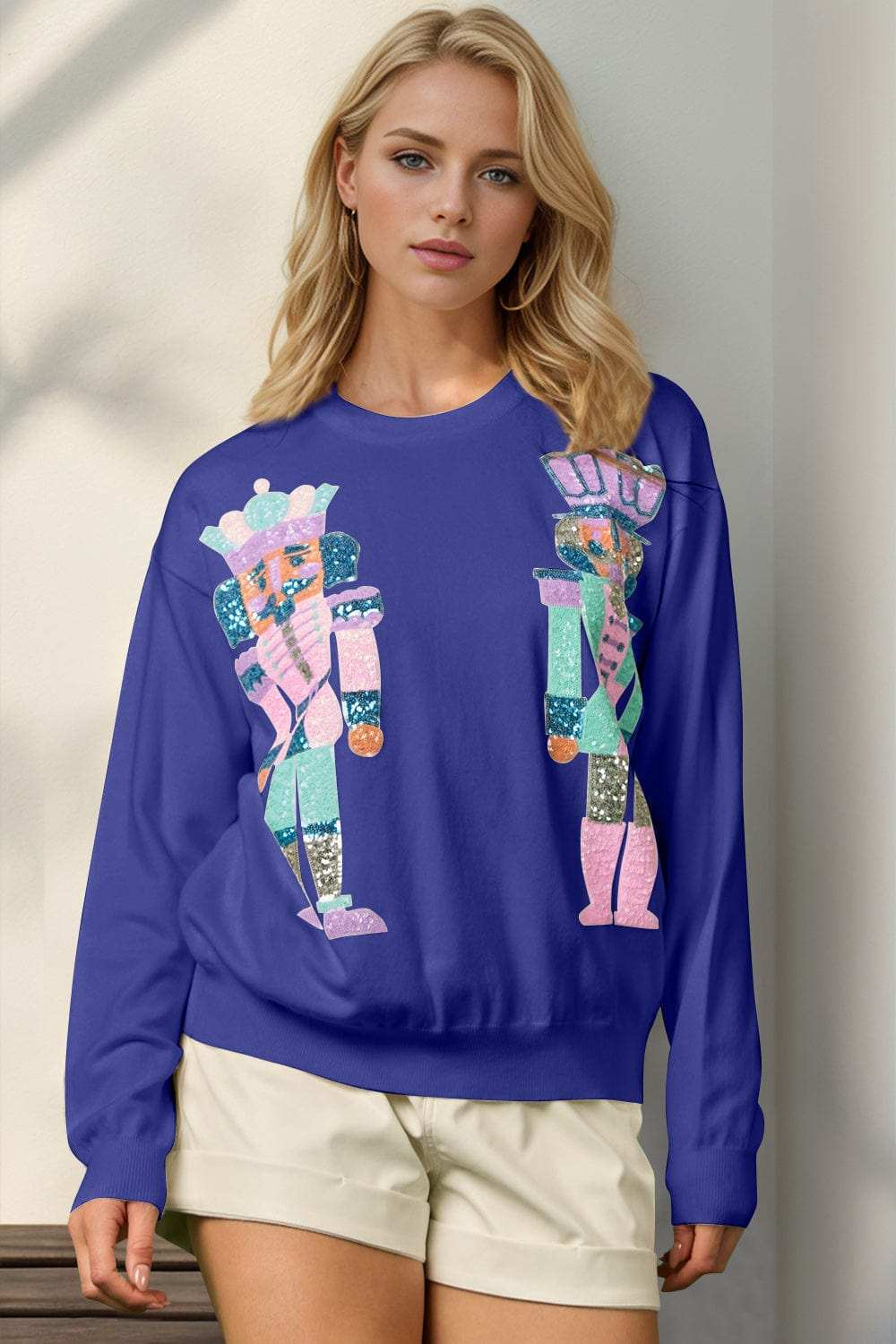 Double Take Full Size Sequin Nutcracker Long Sleeve Sweater - Trendsi - Flyclothing LLC