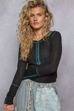 POL Long Sleeve Top with Contrasting Stitching - Trendsi - Flyclothing LLC