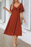 Smocked Tie Front Flutter Sleeve Midi Dress - Trendsi - Flyclothing LLC