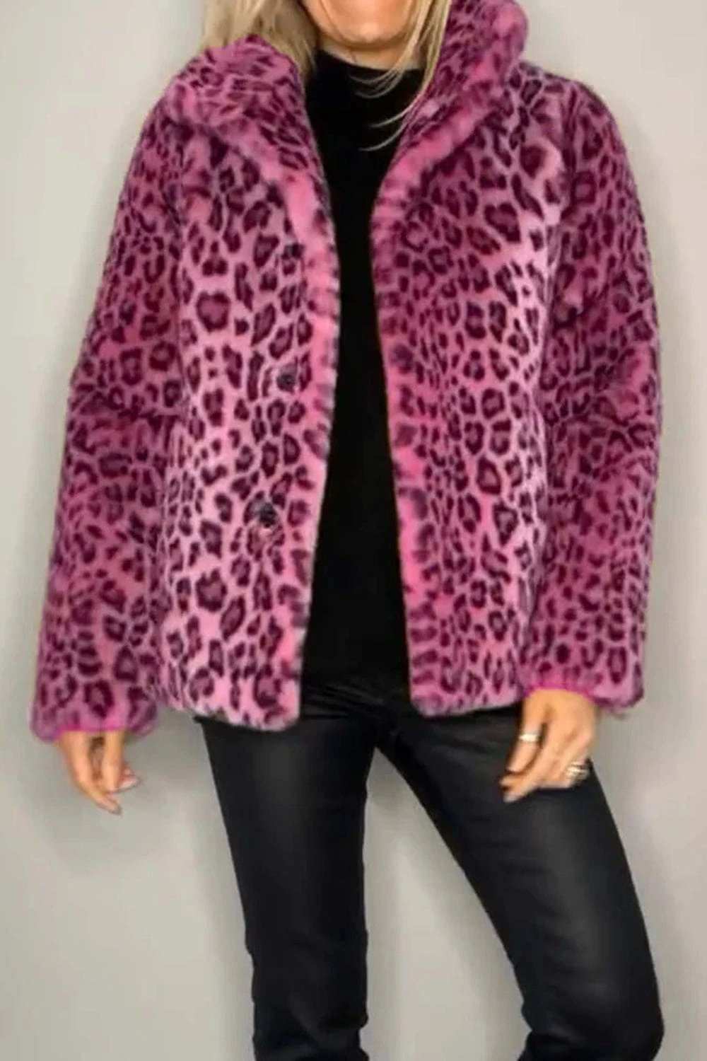 Full Size Leopard Furry Collared Neck Long Sleeve Coat - Trendsi - Flyclothing LLC