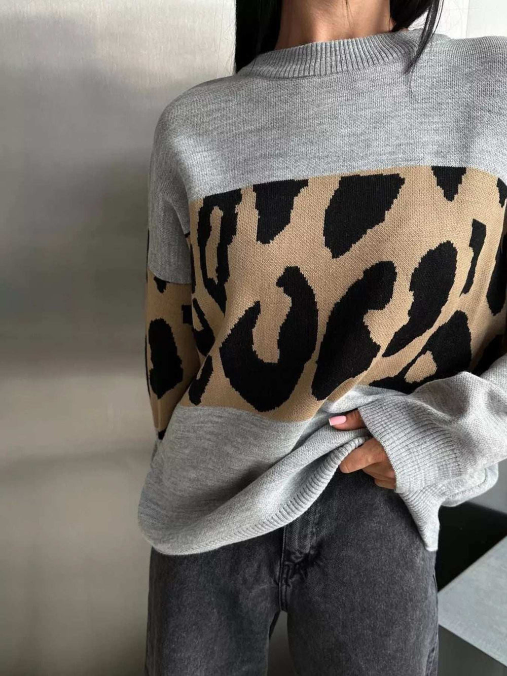 Leopard Color Block Round Neck Sweater - Trendsi - Flyclothing LLC