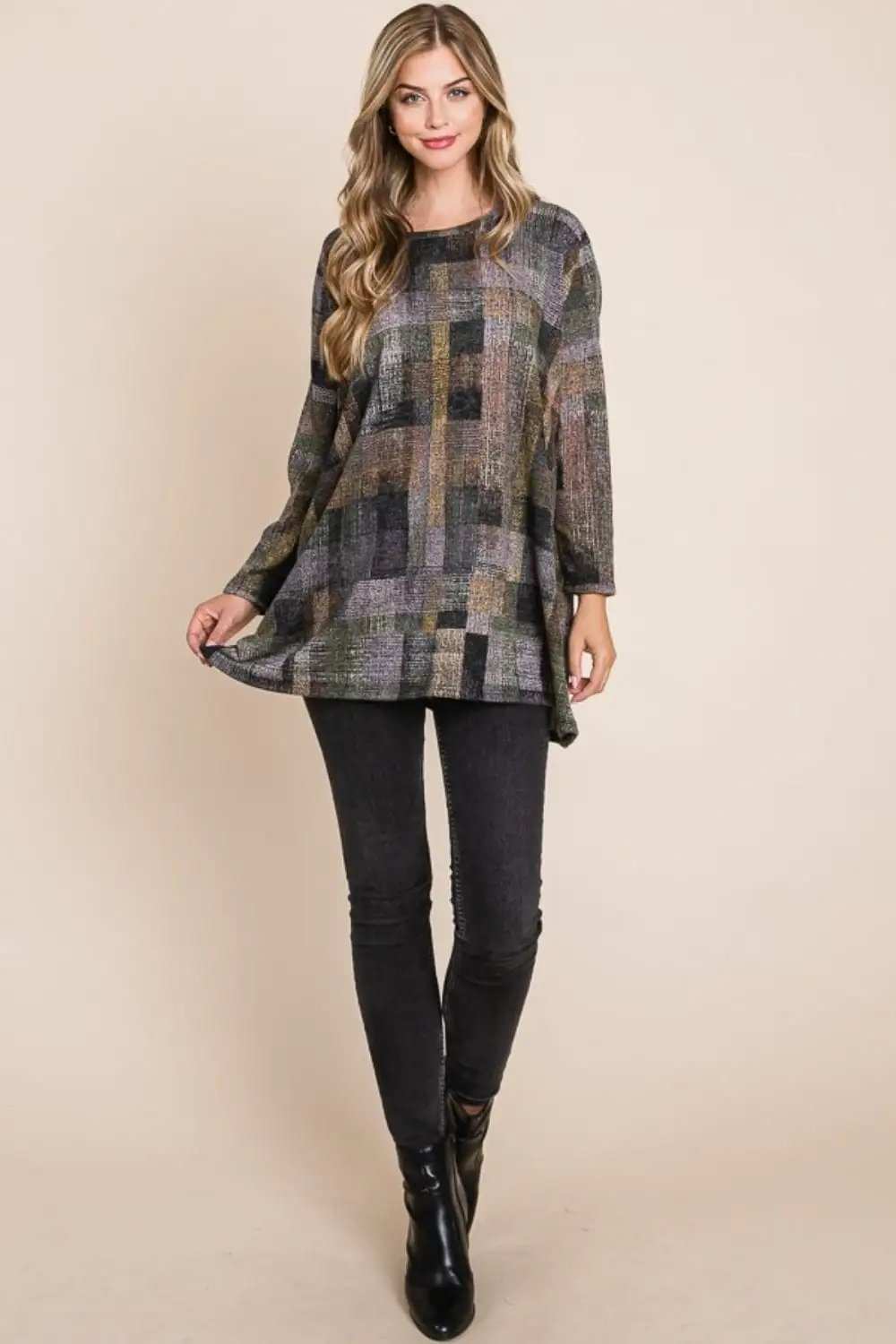 BOMBOM Plaid Round Neck Long Sleeve Top - Trendsi - Flyclothing LLC