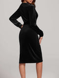 Round Neck Tie Waist Long Sleeve Velvet Dress - Trendsi - Flyclothing LLC