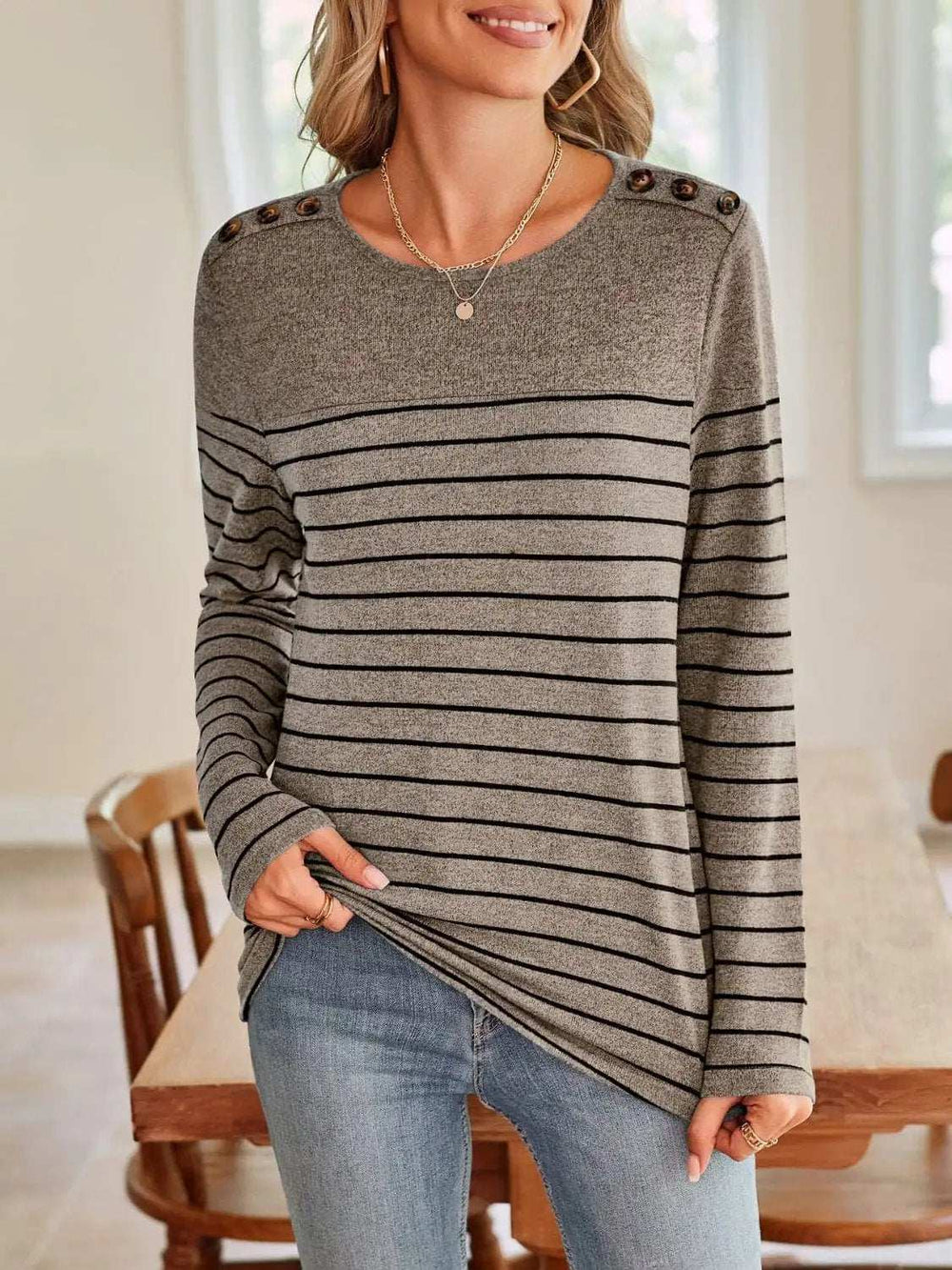 Lovelet Striped Round Neck Long Sleeve T-Shirt - Trendsi - Flyclothing LLC
