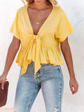 Tied Plunge Short Sleeve Blouse - Trendsi - Flyclothing LLC