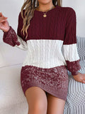 Cable-Knit Round Neck Color Block Sweater Dress - Trendsi - Flyclothing LLC