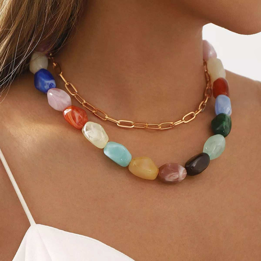 2 Piece Colorful Beaded Chain Necklace - Trendsi - Flyclothing LLC