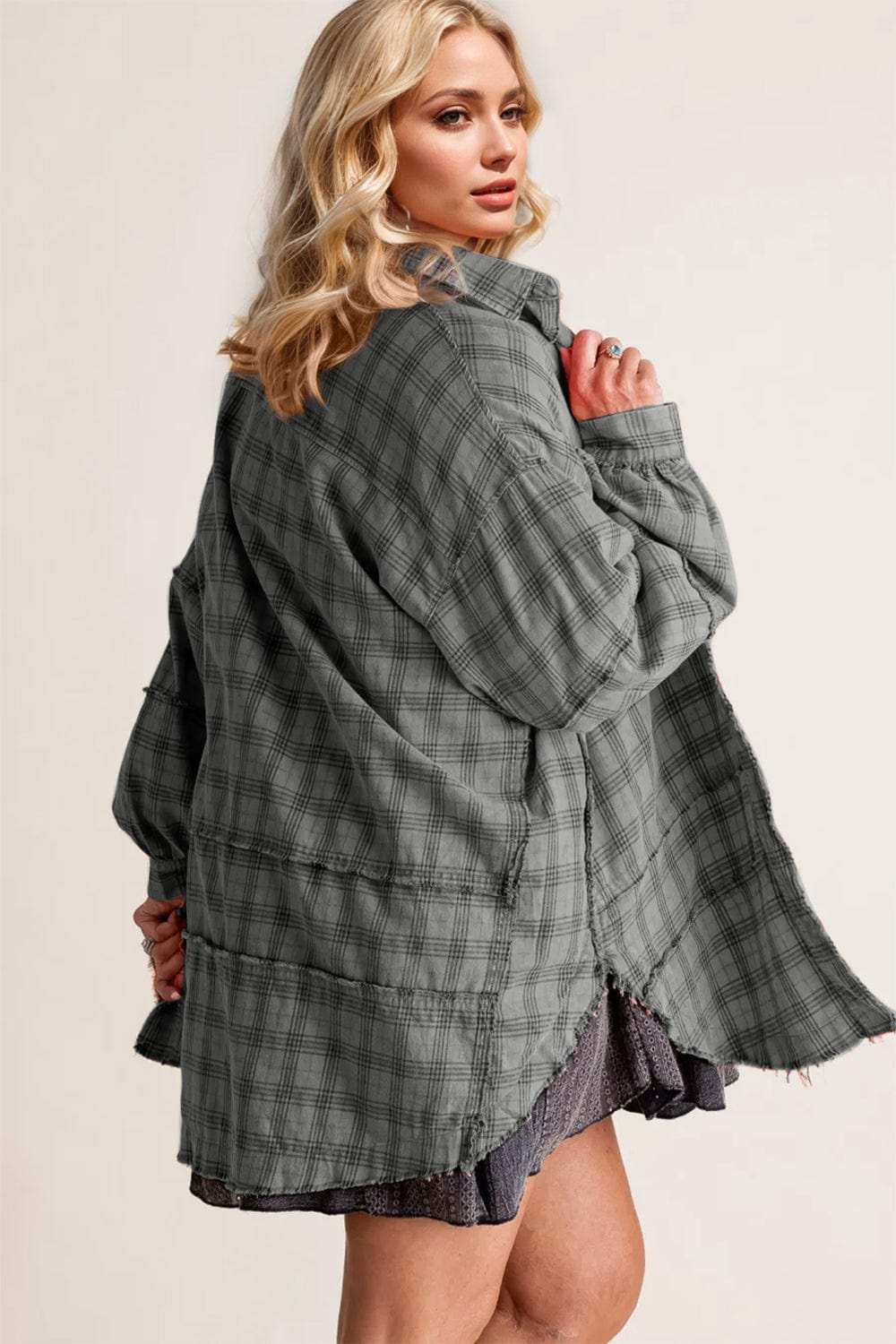 Exposed Seam Plaid Collared Neck Long Sleeve Shirt - Trendsi - Flyclothing LLC