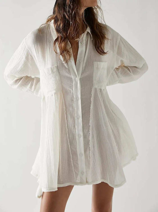 Button Up Collared Neck Long Sleeve Longline Shirt - Trendsi - Flyclothing LLC