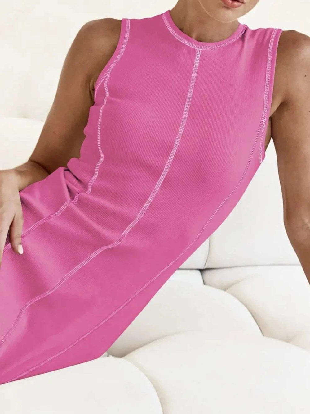 Contrast Stitching Round Neck Sleeveless Midi Dress - Trendsi - Flyclothing LLC