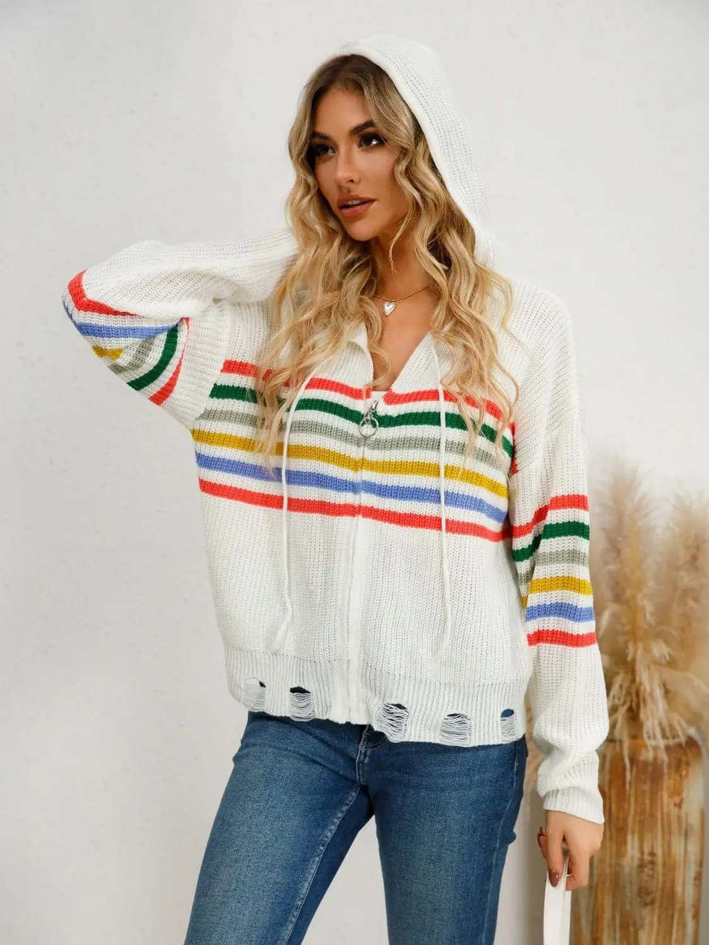 Drawstring Striped Dropped Shoulder Hooded Cardigan - Trendsi - Flyclothing LLC