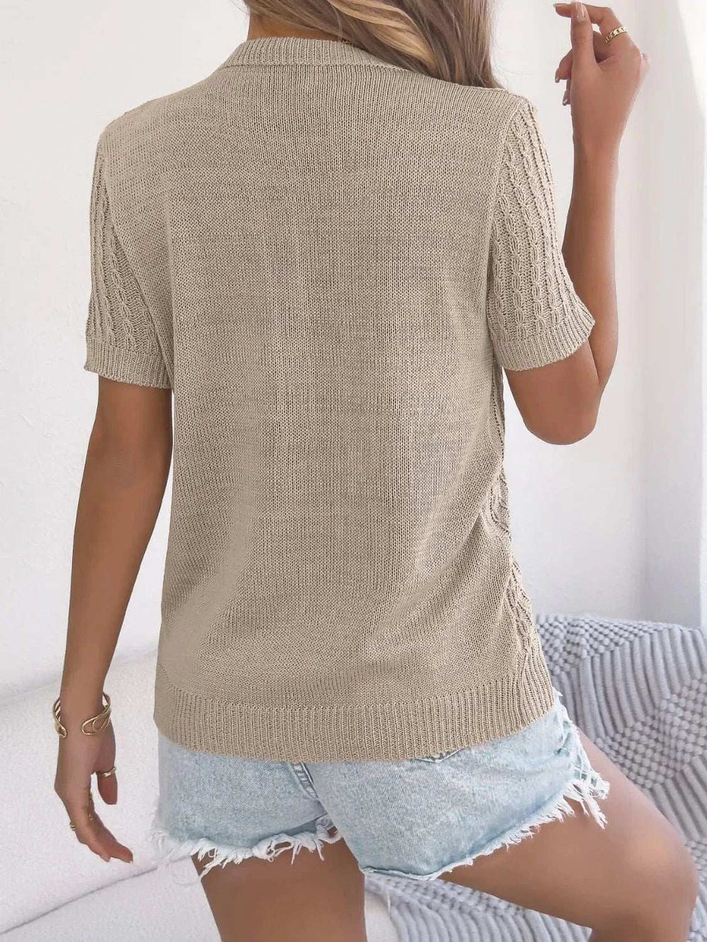 Cable Knit Button Down Short Sleeve Cardigan - Trendsi - Flyclothing LLC