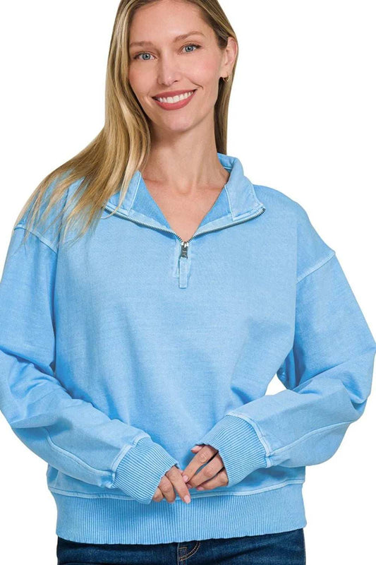 Zenana F/terry Pigment Dye & Enzyme Washing Half Zip Top - Trendsi - Flyclothing LLC