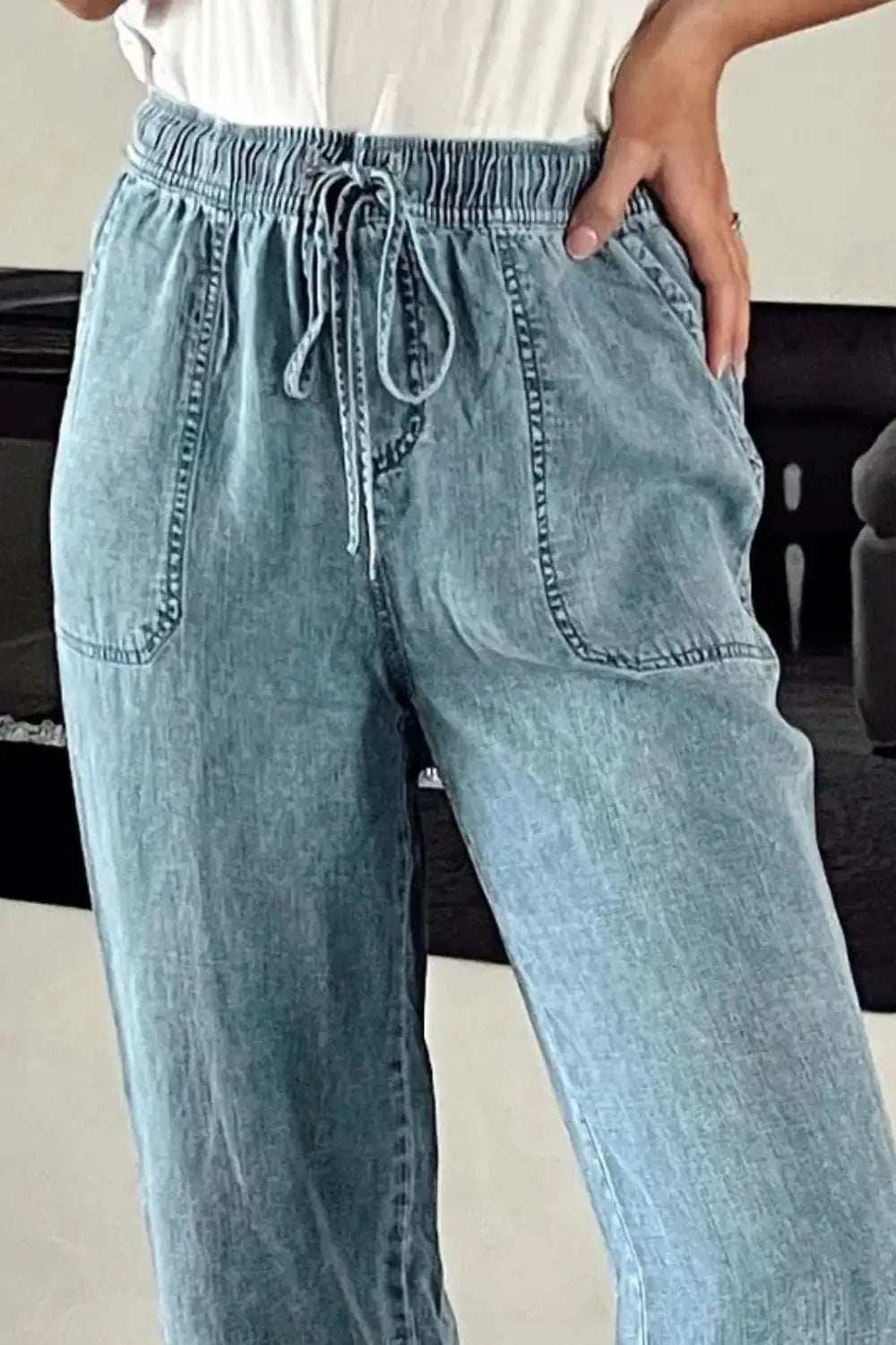 Drawstring High Waist Jeans with Pockets - Trendsi - Flyclothing LLC